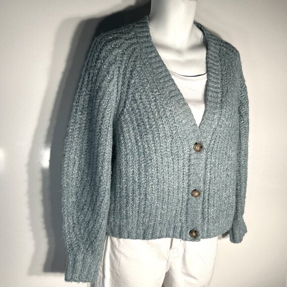 Lucky Brand SZ M Pale Aqua Wool Blend chunky crop cardigan Preppy Academia - Picture 1 of 8